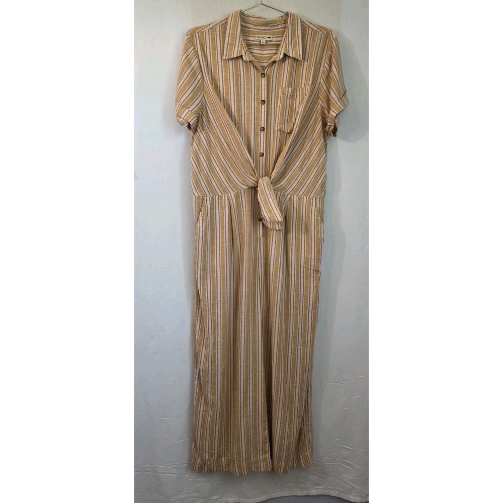 Toad And Co Taj Hemp Jumpsuit Women's Large Striped Short Sleeve Wide Leg Tie